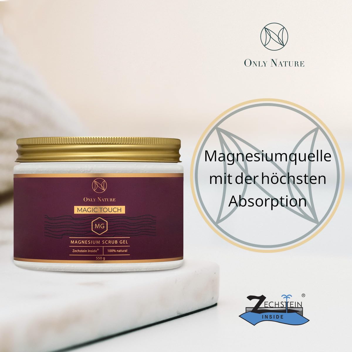 Magnesium Body Scrub Gel mit Meersalz – 100% Natürliches Peeling mit Magnesiumchlorid aus Zechstein – 3 in 1: Peeling, Feuchtigkeit, Anti-Cellulite-Massage – Für Glatte und Straffe Haut